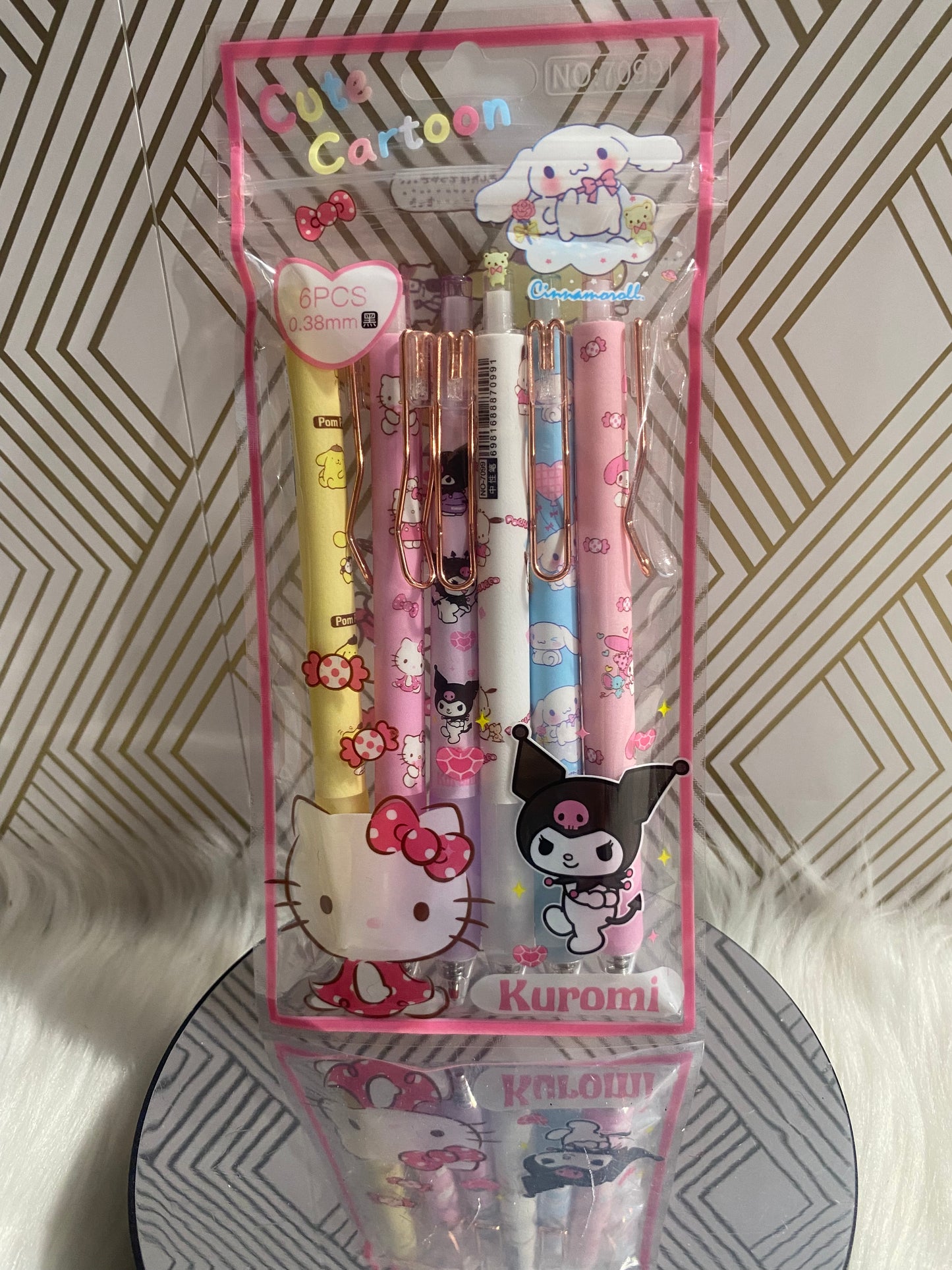 6pcs My Melody Kuromi Cinnamoroll Hello Kitty Gel Pen Black Ink School Office.